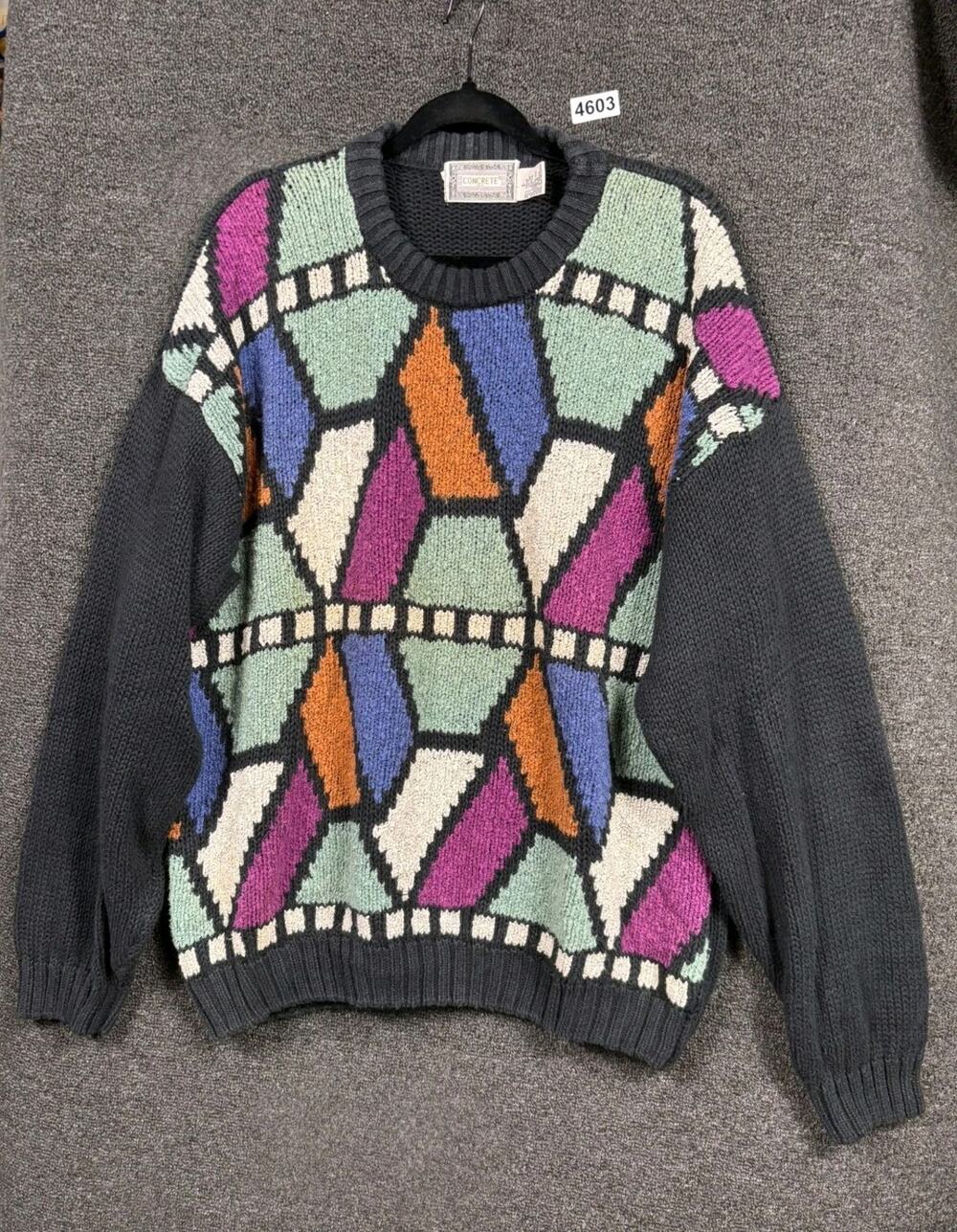 VTG Concrete Mix Sweater Mens Sz L Geometric Multicolor Ramie Blend Long Sleeve